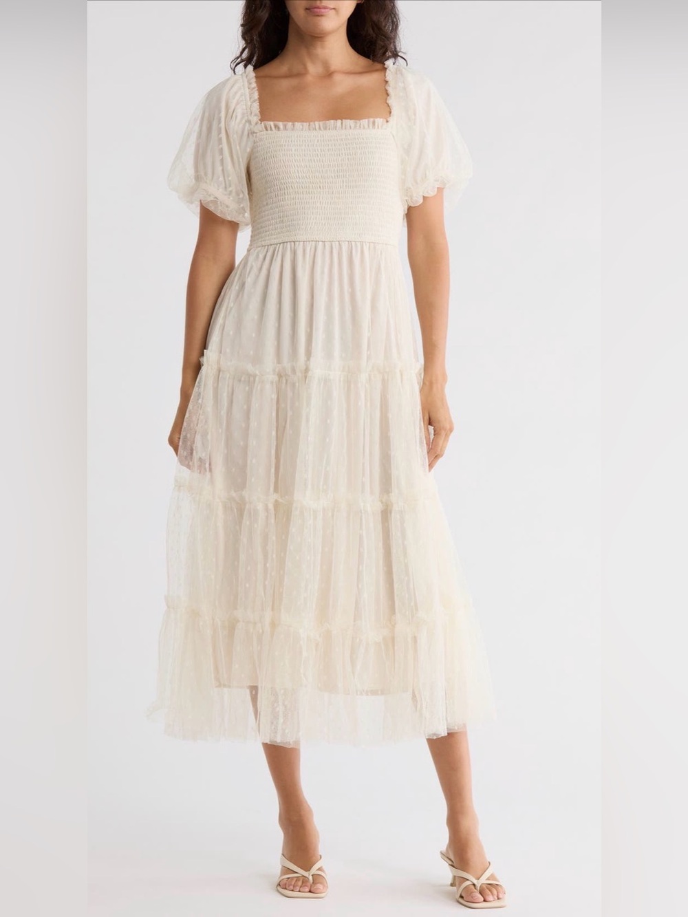 NWT Sheer Ivory Swiss Dot Puff Sleeve Midi Dress